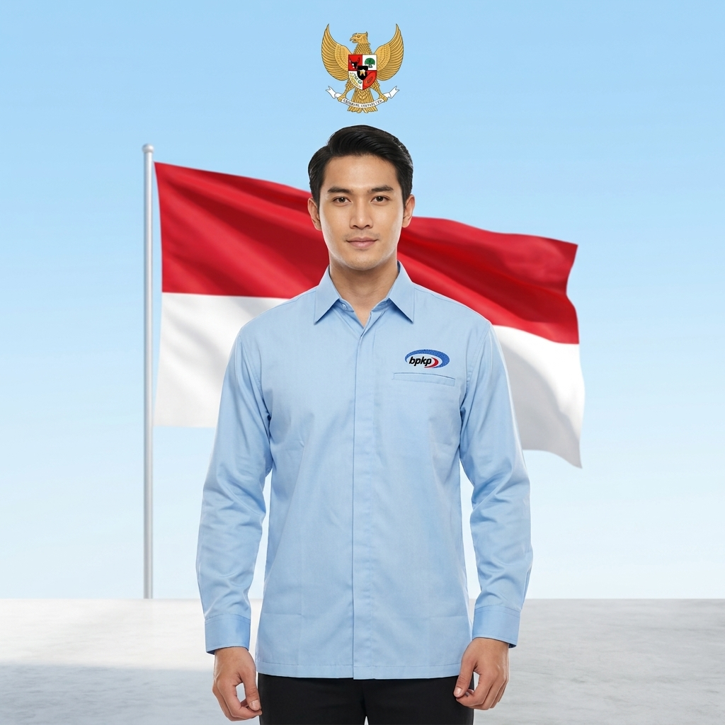 Baju Kemeja Biru Muda BPKP Lengan Panjang Premium Full Bordir Seragam Kerja Pria Wanita Bahan Drill
