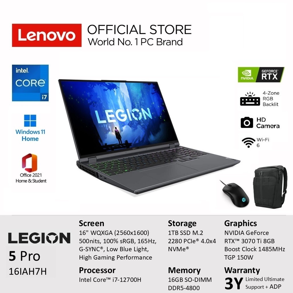 Lenovo Legion 5 Pro Core i7 12700H 16GB 1TB RTX 3070Ti 8GB W11+OHS 16" WQXGA Include Asuransi