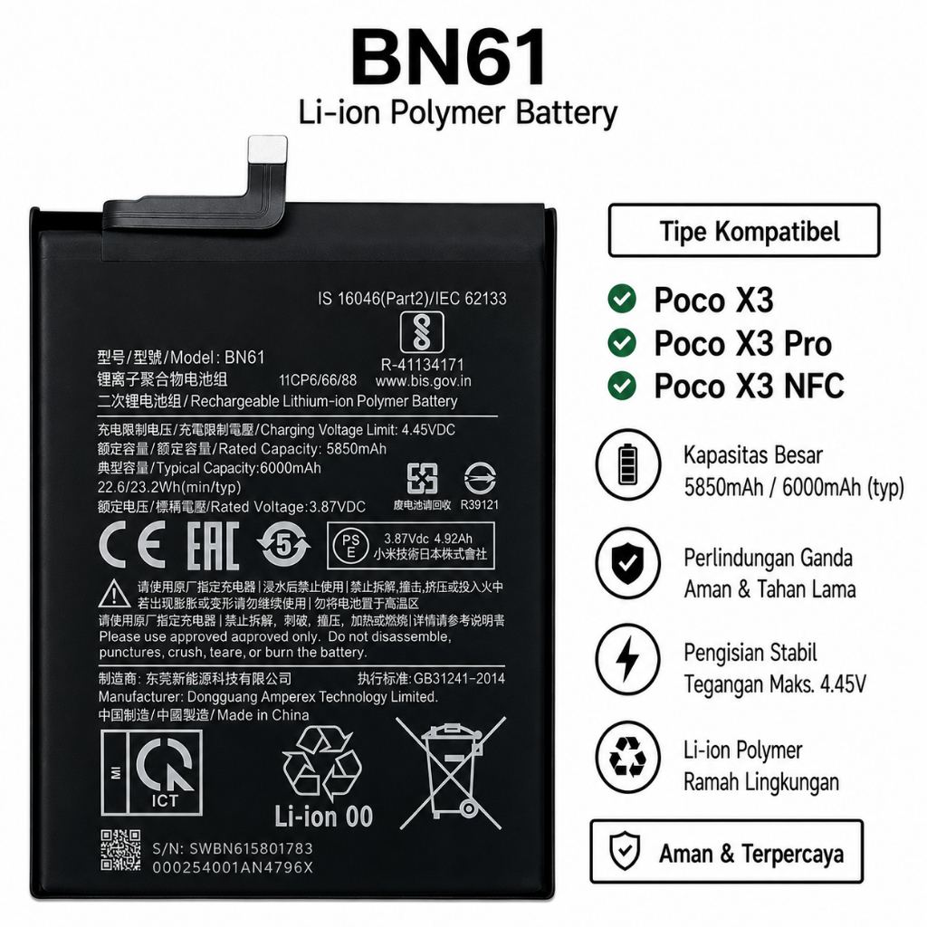 Baterai For Poco X3 /Poco X3 Pro / Poco X3 NFC BN61 Batre Batrai Battery