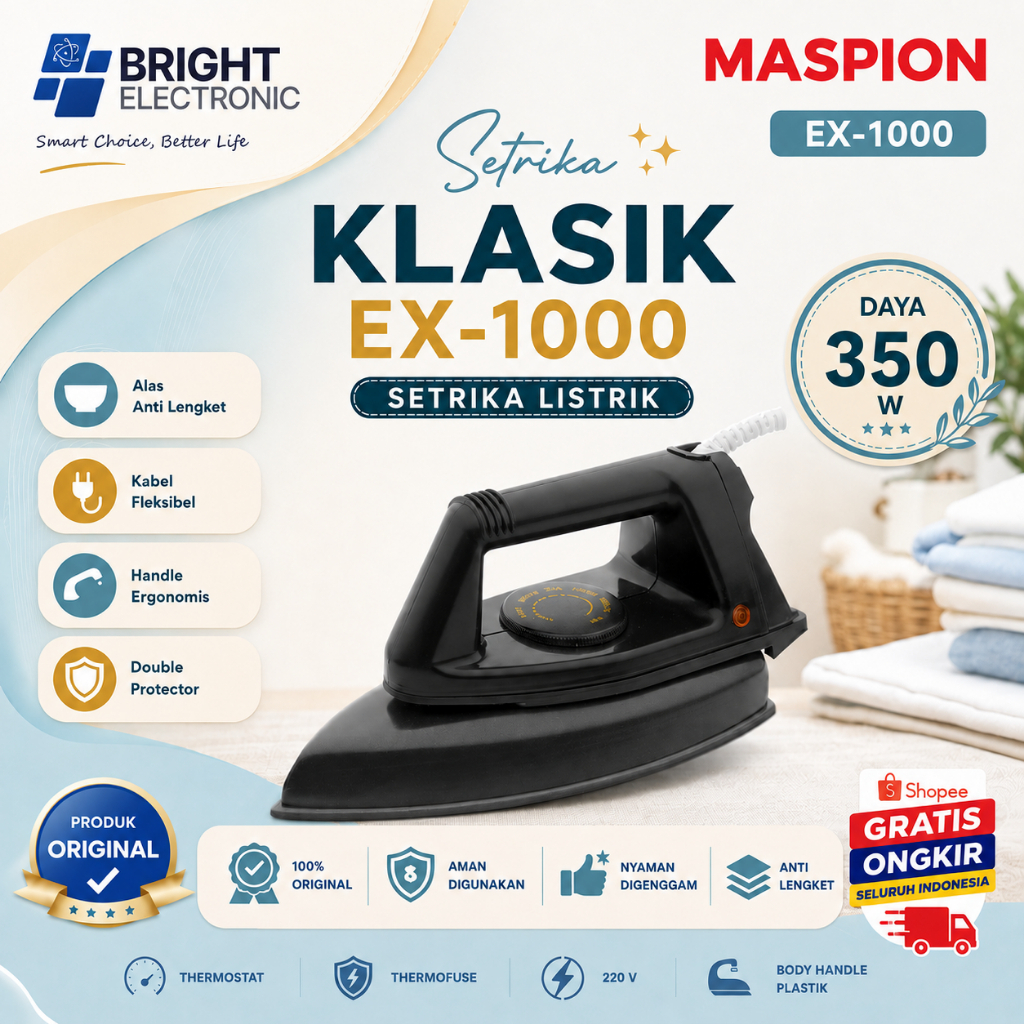 MASPION SETRIKA EX 1000 Hitam - Setrika Listrik ORIGINAL/EX 1000/EX-1000/EX1000/AUTOMATIC IRON