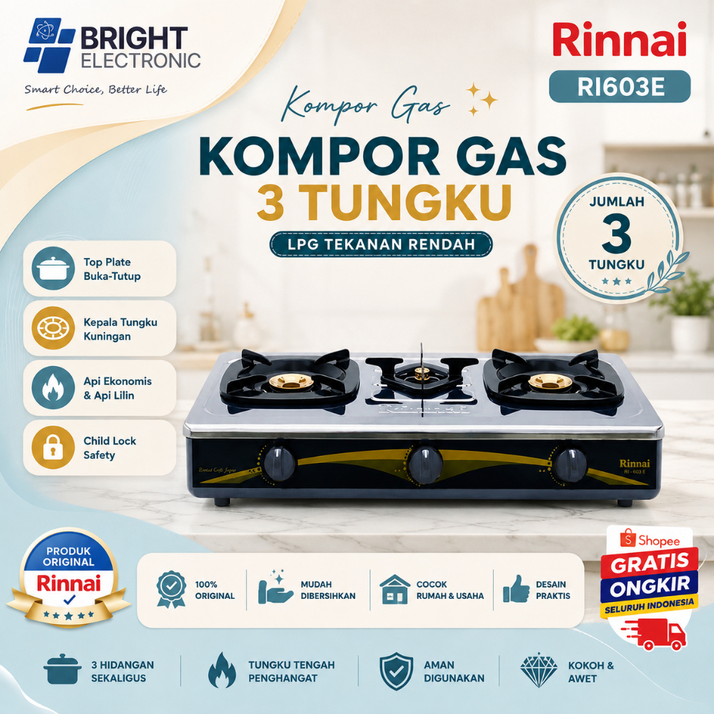 RINNAI KOMPOR GAS 3 TUNGKU RI 603 E/RI603E/KOMPOR 3 TUNGKU ORIGINAL RINNAI/BERGARANSI RESMI
