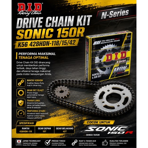 DRIVE CHAIN - GEAR PAKET ( RANTAI + GEAR SET ) SONIC 150R  428HDN-118/ 15T-42T K56 DID