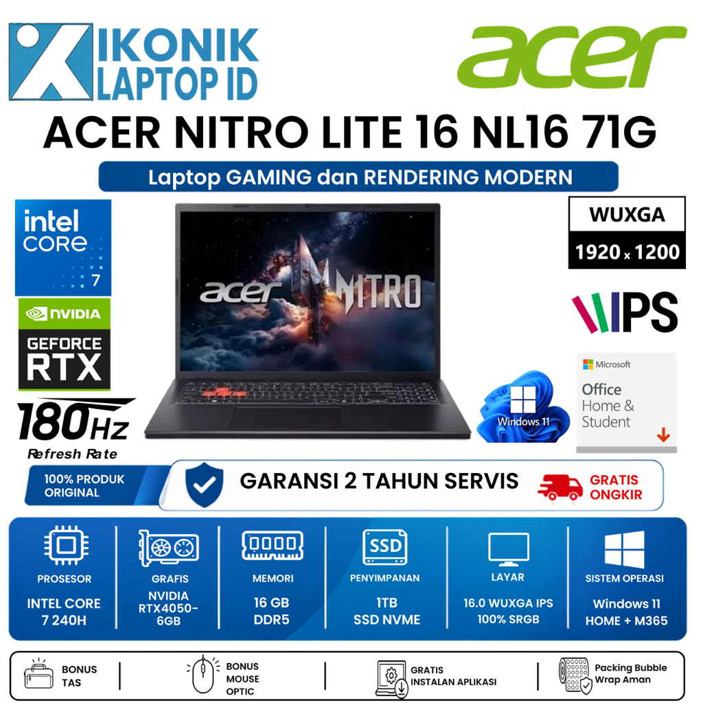 Laptop Acer Nitro Lite 16 NL16 71G Intel Core i7 240H NVIDIA RTX 4050 16GB SSD 1TB 180Hz