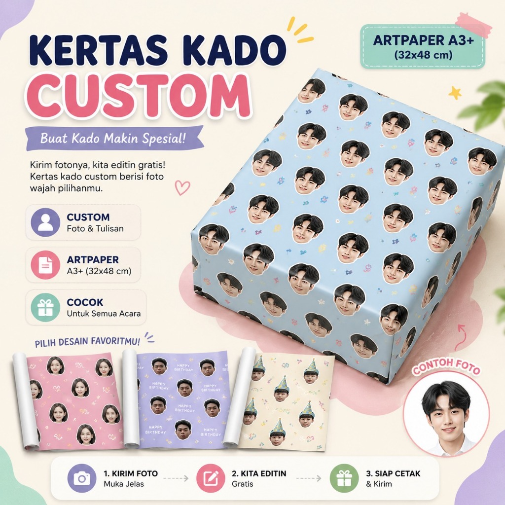 KERTAS KADO CUSTOM FOTO / KERTAS KADO FOTO WAJAH | SATUAN KERTAS KADO FOTO