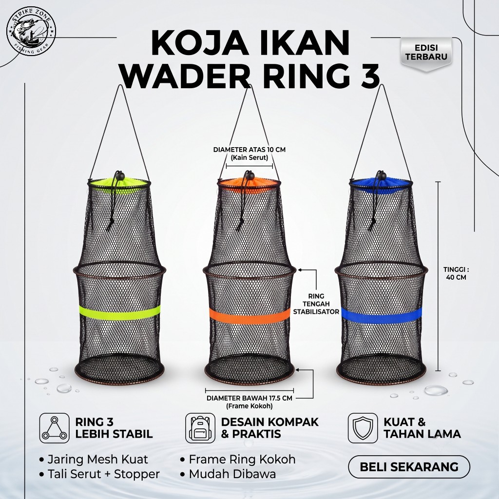 Koja Ikan Wader Ring 3 Jaring Penyimpan Ikan Hidup untuk Mancing Sungai Kolam Praktis Kuat & Stabil