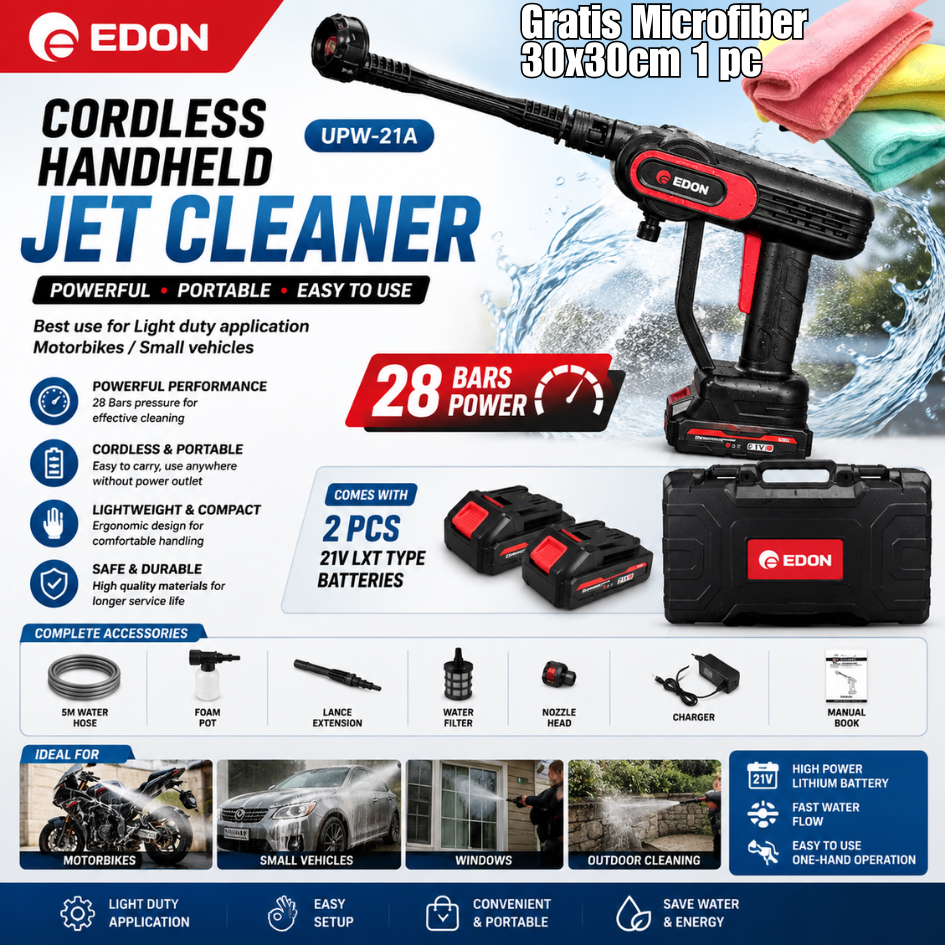 EDON Jet Cleaner Cordless UPW-21A NOZZLE 6in1 Gratis MICROFIBER Alat Semprot Air Portable Koper Cuci