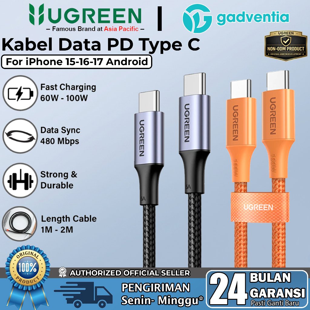 UGREEN Kabel Charger For iPhone 15 16 17 iPad Macbook PD Type C to Type C Fast Charging 60w 100w