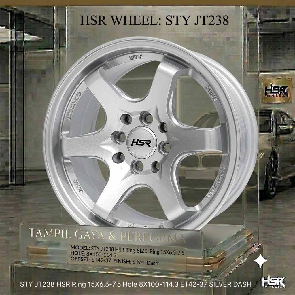 Velg/pelek mobil r15 TE37 pcd 4x100-4x114 et40/37 lebar 6.5-7.5 ring 15 HSR BOROKO STY SILVER DASH