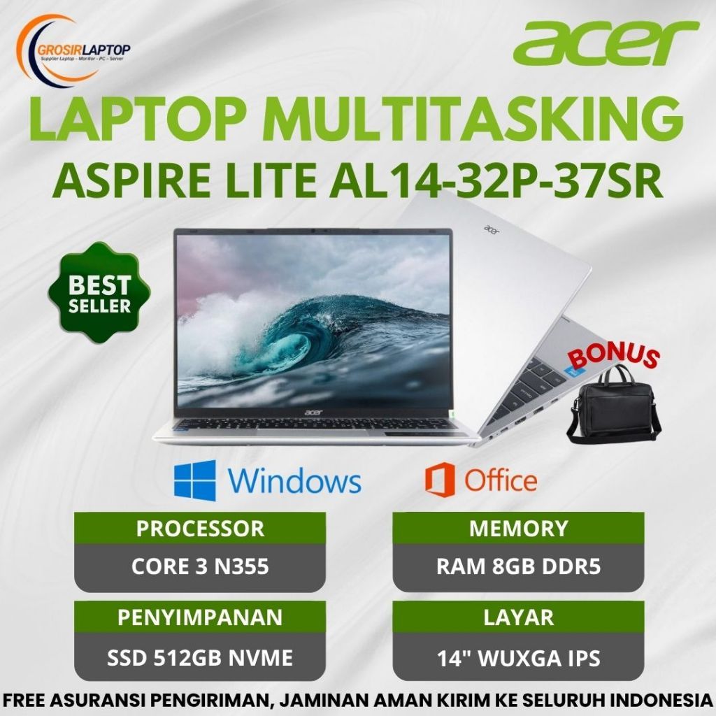 Laptop Acer Lite 14 - 37SR Core 3 N355 Ram 8GB Ssd 512GB 14" IPS Laptop Kerja Sekolah Kantor Baru