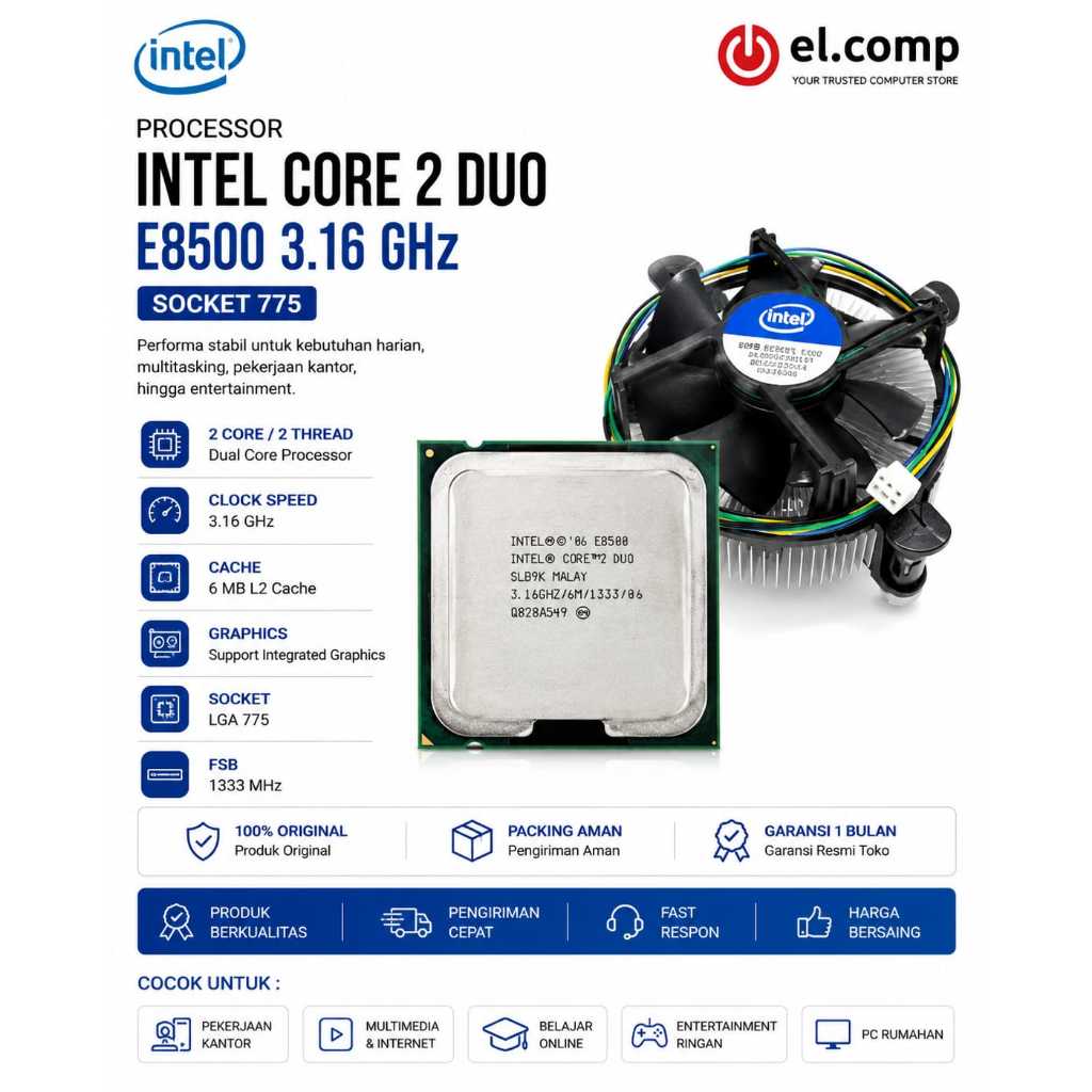 PROCESSOR INTEL CORE 2 DUO 3.16 GHZ E8500 + FAN INTEL 775