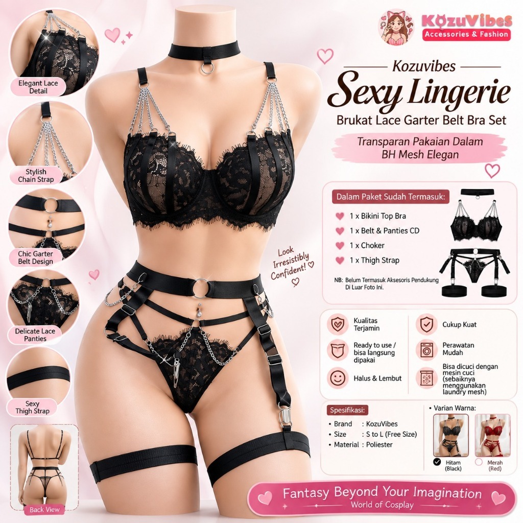 Kozuvibes Sexy Lingerie Brukat Lace Garter Belt Bra Set Transparan Pakaian Dalam BH Mesh Elegan