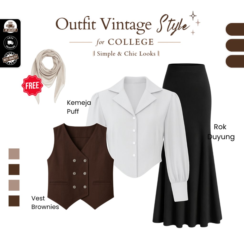 Yura Set Yearbook Dark Academia ( Bella Square Biscuit + Vest Brownies + Kemeja Puff Crop + Rok)-D34
