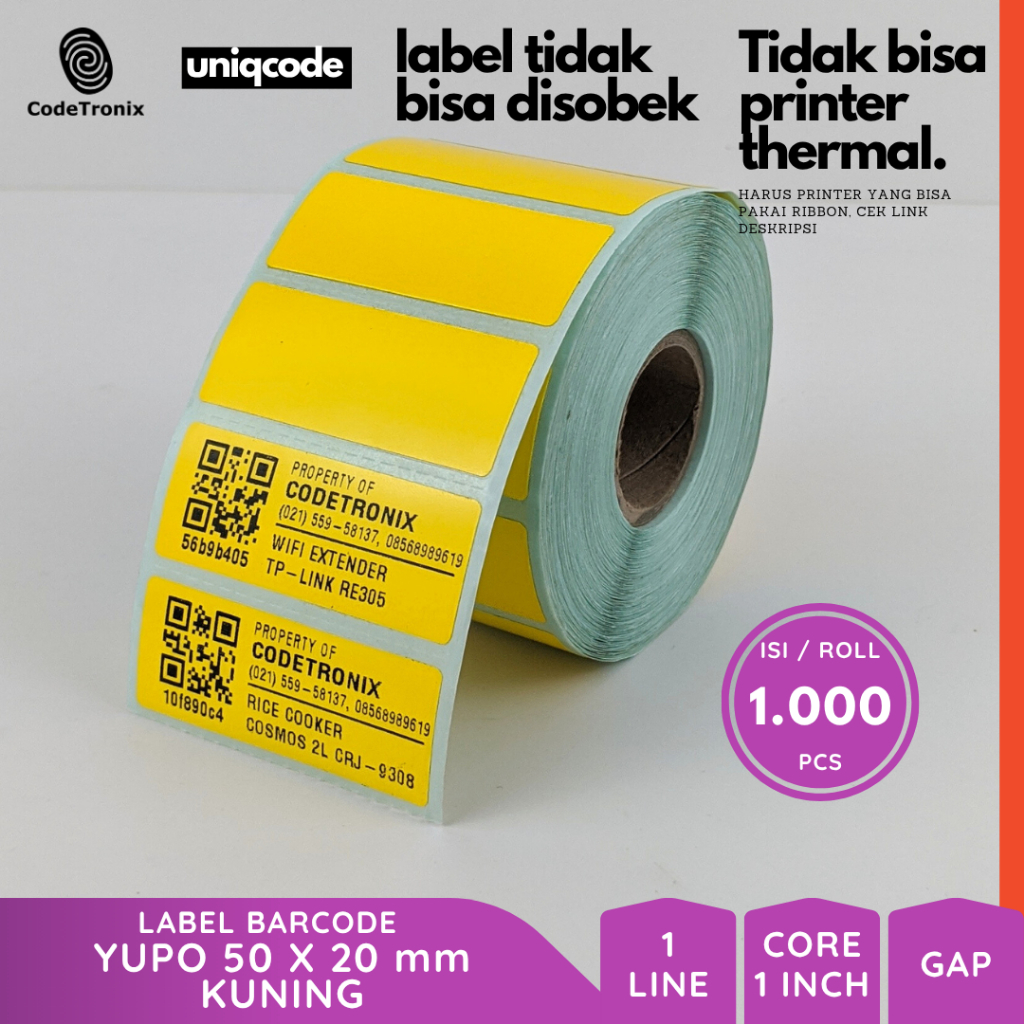 Label Sticker Kertas Yupo 50x20 Vinyl Barcode Stiker Roll Warna 1 Line 1000 pcs