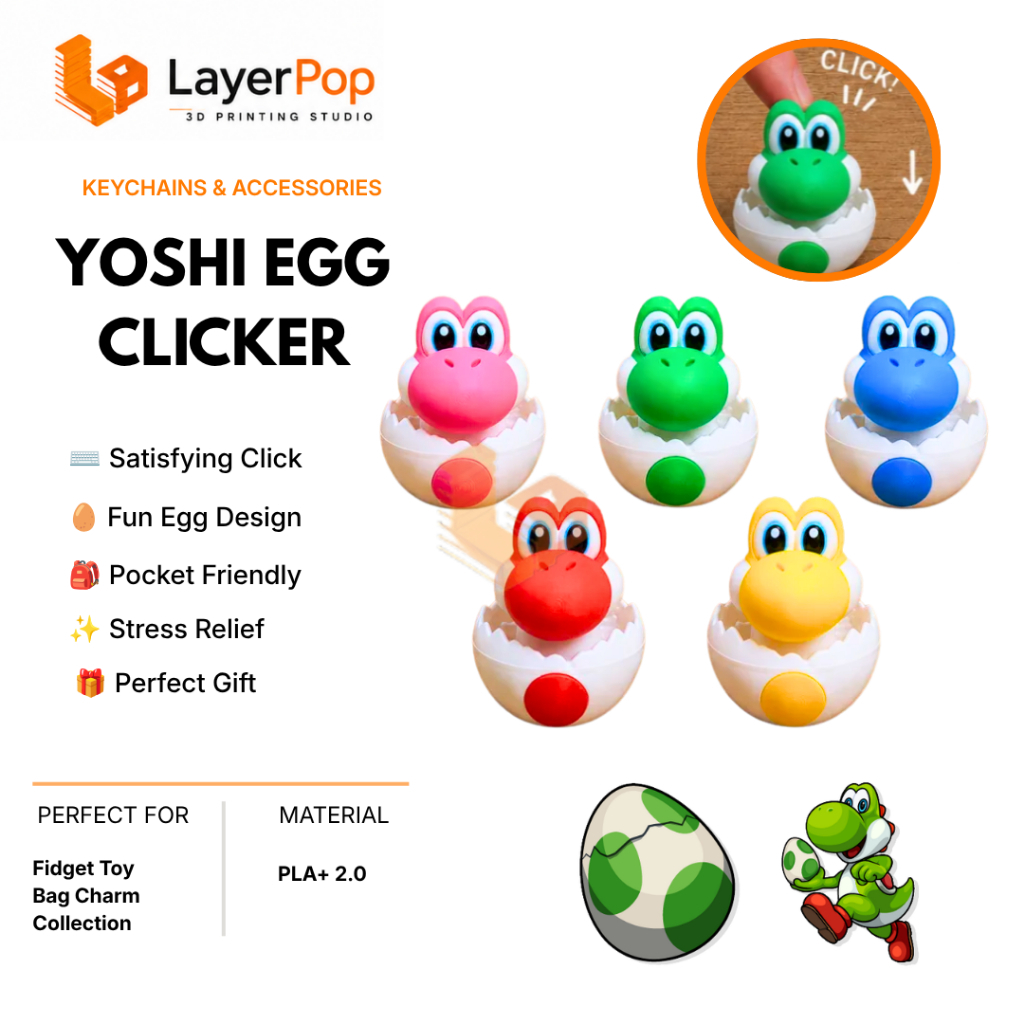 Yoshi Egg Clicker Keychain | Fidget Toy Gantungan Kunci Telur Satisfying 3D Print