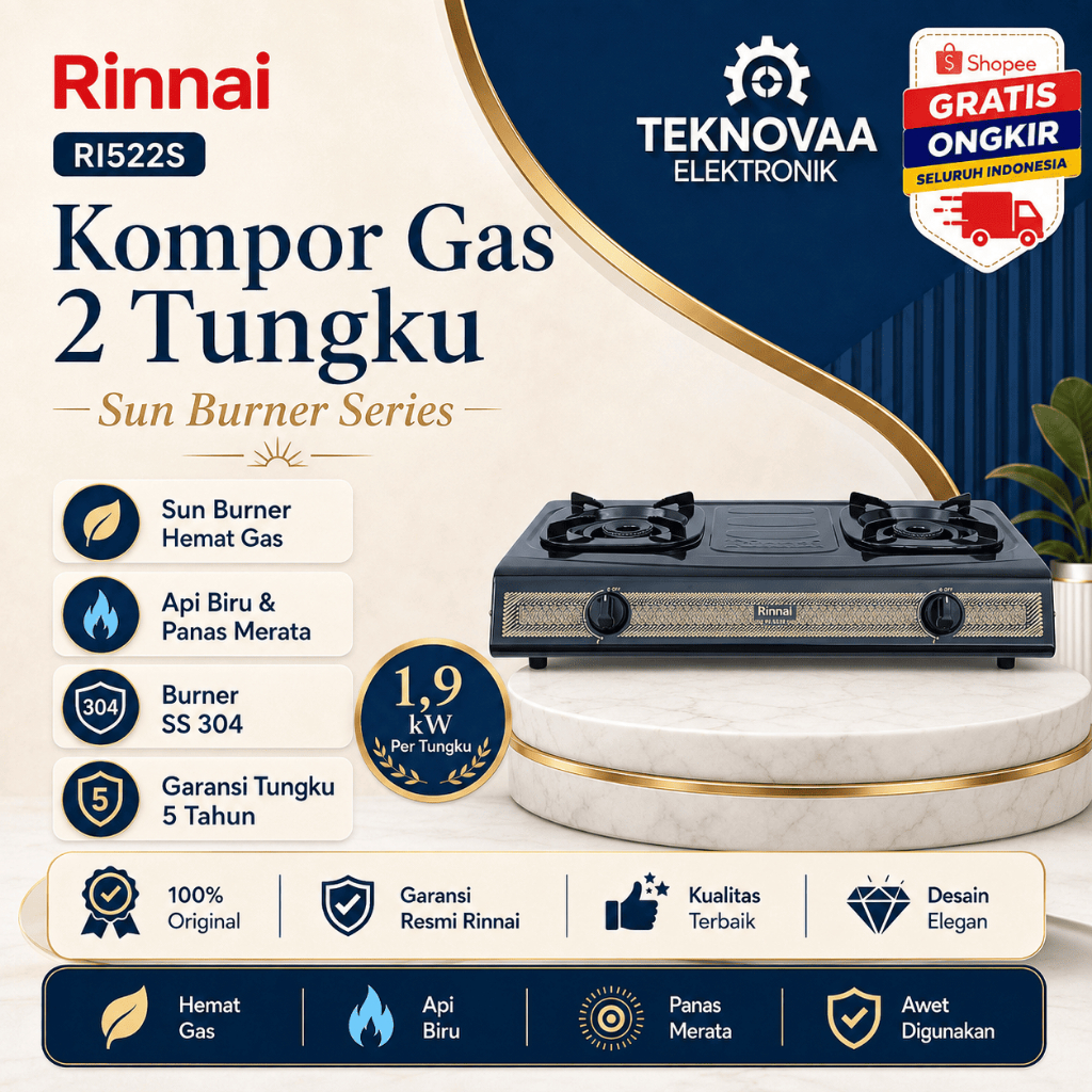 RINNAI KOMPOR GAS 2 TUNGKU RI522S Kompor Gas/RI522S/RI522 S/RI 522S/RI-522S/ORIGINAL RINNAI /GARANSI