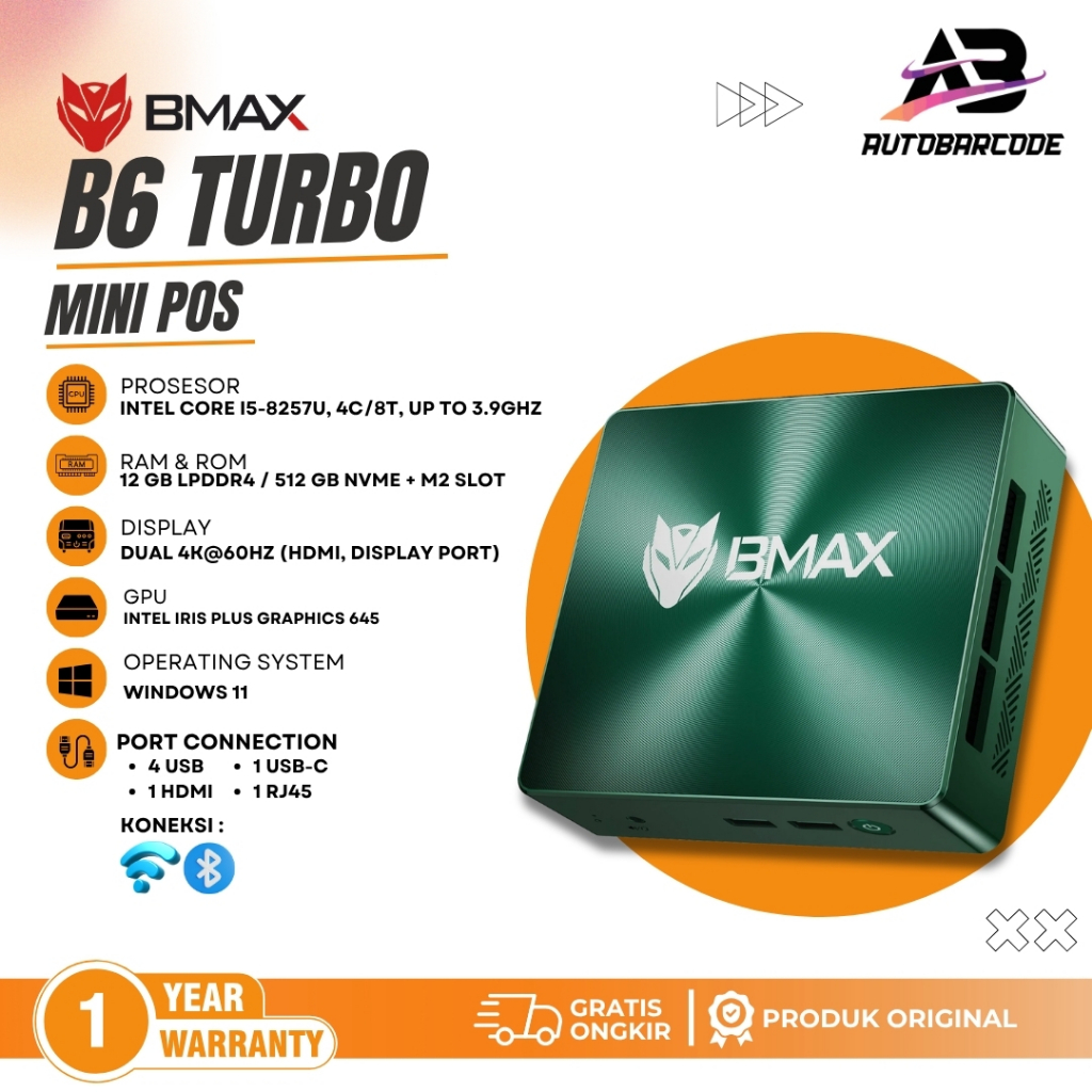 BMAX B6 Turbo Mini PC Intel Core i5-8257U RAM 12GB SSD 512GB NVMe Windows 11 Komputer Mini POS Kasir