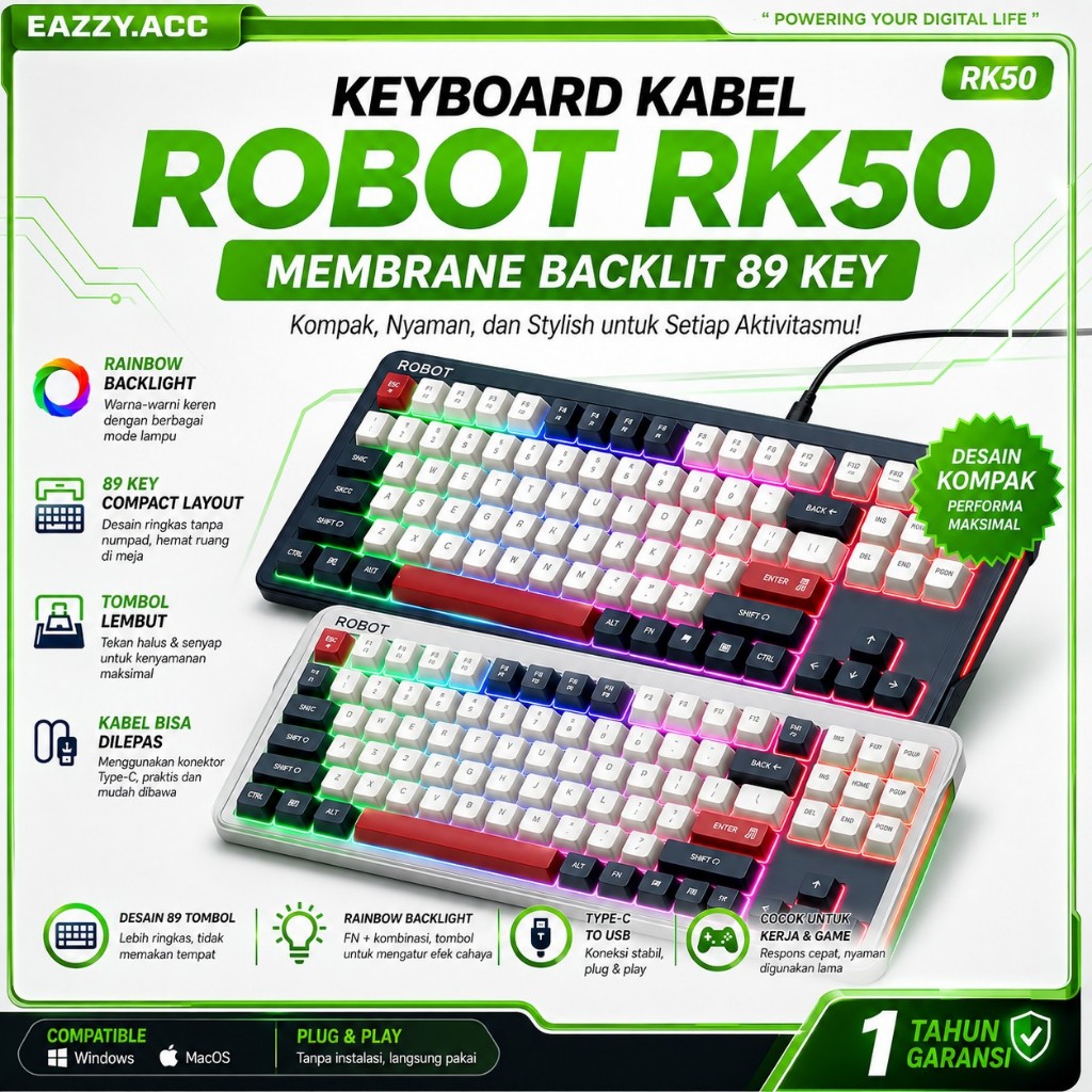 Keyboard ROBOT RK50 USB Wired | 89 Key | Rainbow Backlight | Kabel Bisa Dilepas