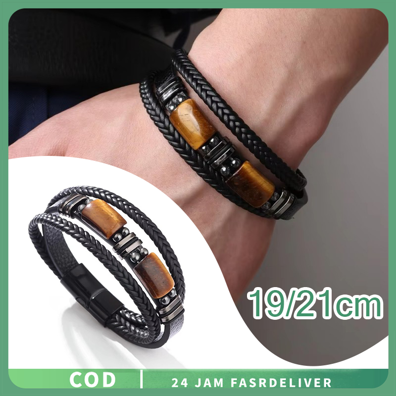 Gelang Kulit Asli Pria Lapisan Ganda Gelang Pria Kulit Desain Penyambungan Gelang Kulit Hitam Mata H