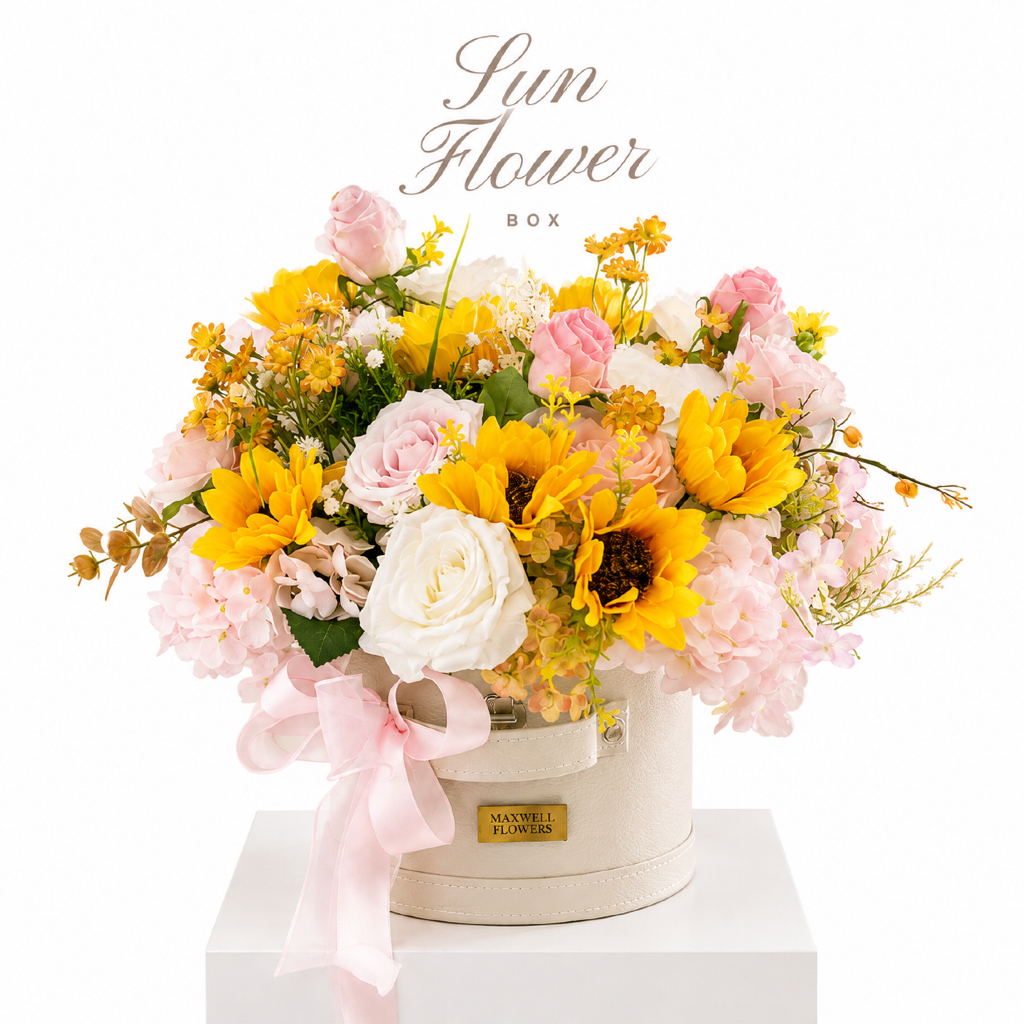 Sun flowers round box artificial import flowers rangkaian bunga matahari box by Maxwell Flowers