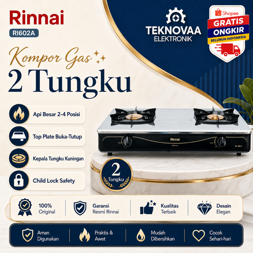 RINNAI KOMPOR GAS 2 TUNGKU RI602A KOMPOR RINNAI/RI 602A/RI-602A/RI 602 A/ORIGINAL RINNAI/GARANSI
