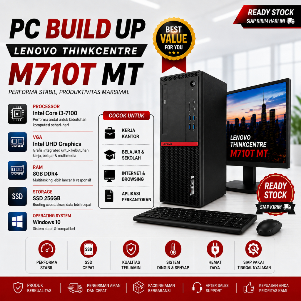 PC Build Up Lenovo ThinkCentre M710T MT Core i3-7100 RAM 8GB SSD 256GB + Monitor 19 Inch