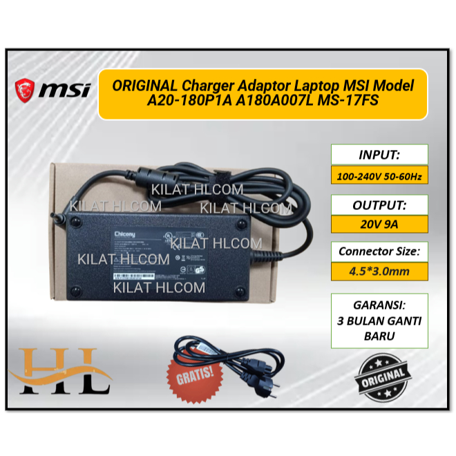 ORIGINAL Charger Adaptor Laptop MSI Model A20-180P1A A180A007L MS-17FS