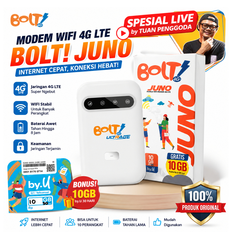 Modem WiFi Bolt Juno 4G LTE Unlock Telkomsel Smartfren MiFi Portable Bonus by.U 32GB Original SPECIA