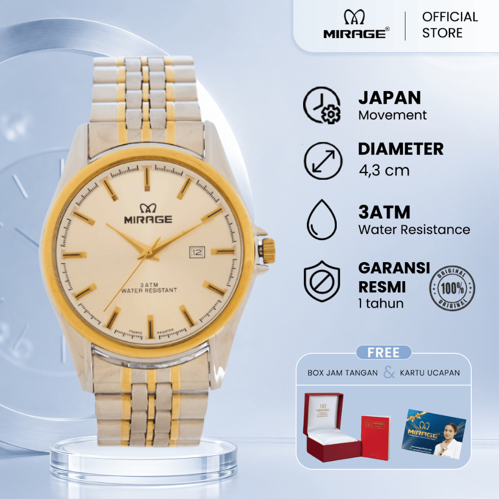 Mirage Jam Tangan Original Pria Analog 8709 M Silver Gold Original Stainless
