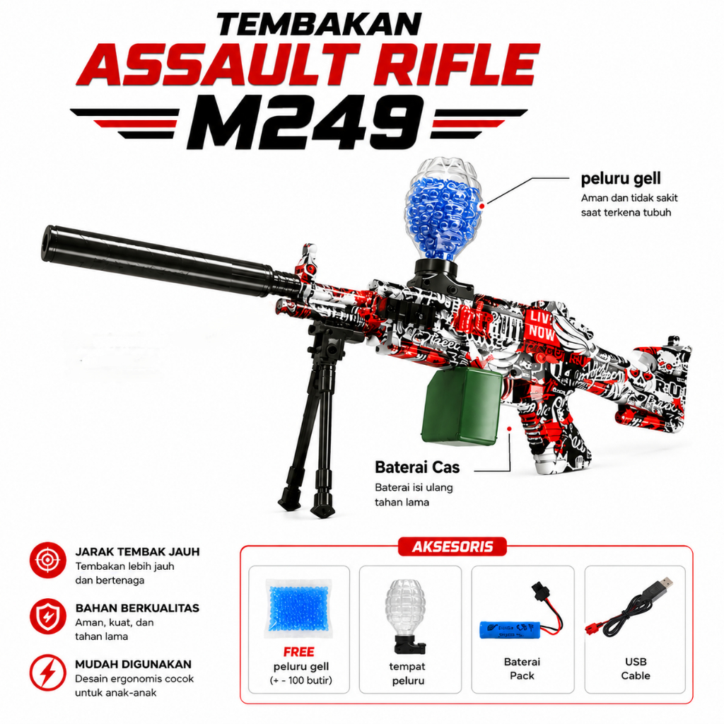 Mainan Tembakan Peluru Gel Elektrik Baterai Cas Model M249 untuk Anak Edukasi
