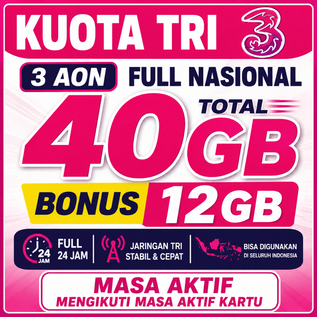 Kuota Tri AON 40GB + Bonus 12GB Total 52GB Masa Aktif Mengikuti Kartu