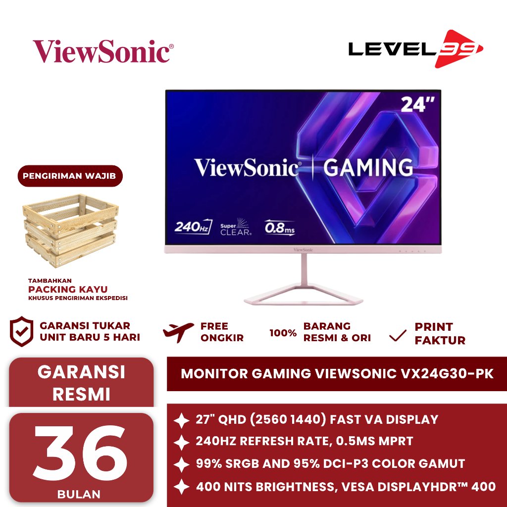 Monitor Gaming Viewsonic VX24G30-PK / VX-24G30-PK 24" 240Hz IPS Technology FHD HDMI DP - LED Monitor