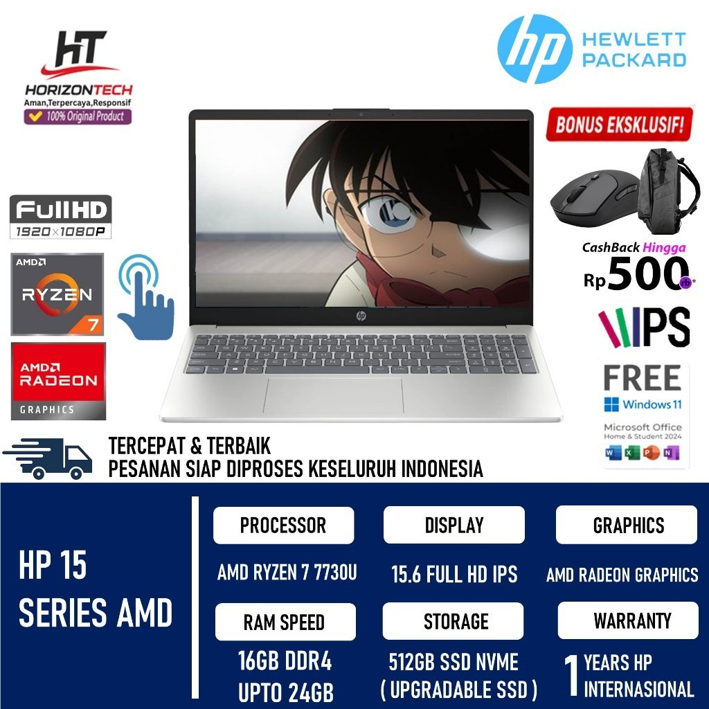 Laptop Gaming HP 15 Ryzen 7 7730U RAM 16GB SSD 1TB FHD IPS Touchscreen Win11