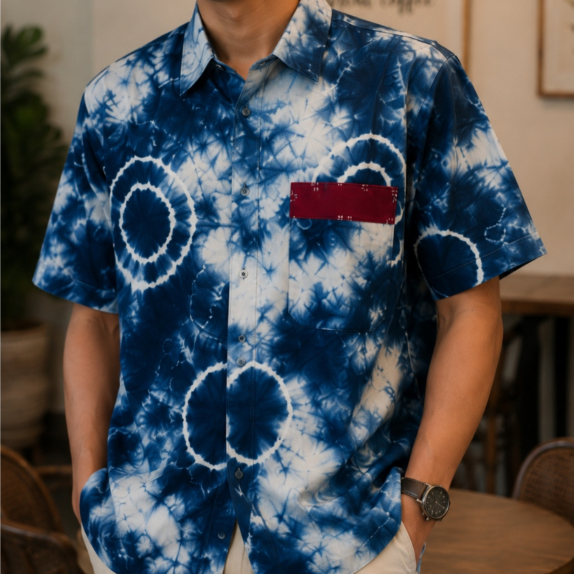 Kaja Shibori - Kemeja Pria Lengan Pendek Motif Tie Dye Biru Putih dengan Saku Depan Casual (ARGA)