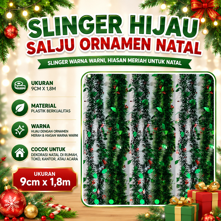 Slinger Hijau Salju Ornamen Natal, slinger Warna Warni, Hiasan Dekorasi,slinger dekorasi natal, slin