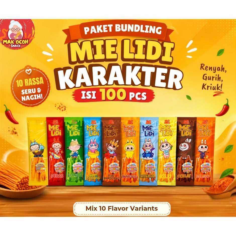 PROMO BUNDLING MIE LIDI KARAKTER 100PCS MIX 10 RASA BY M&O SNACK