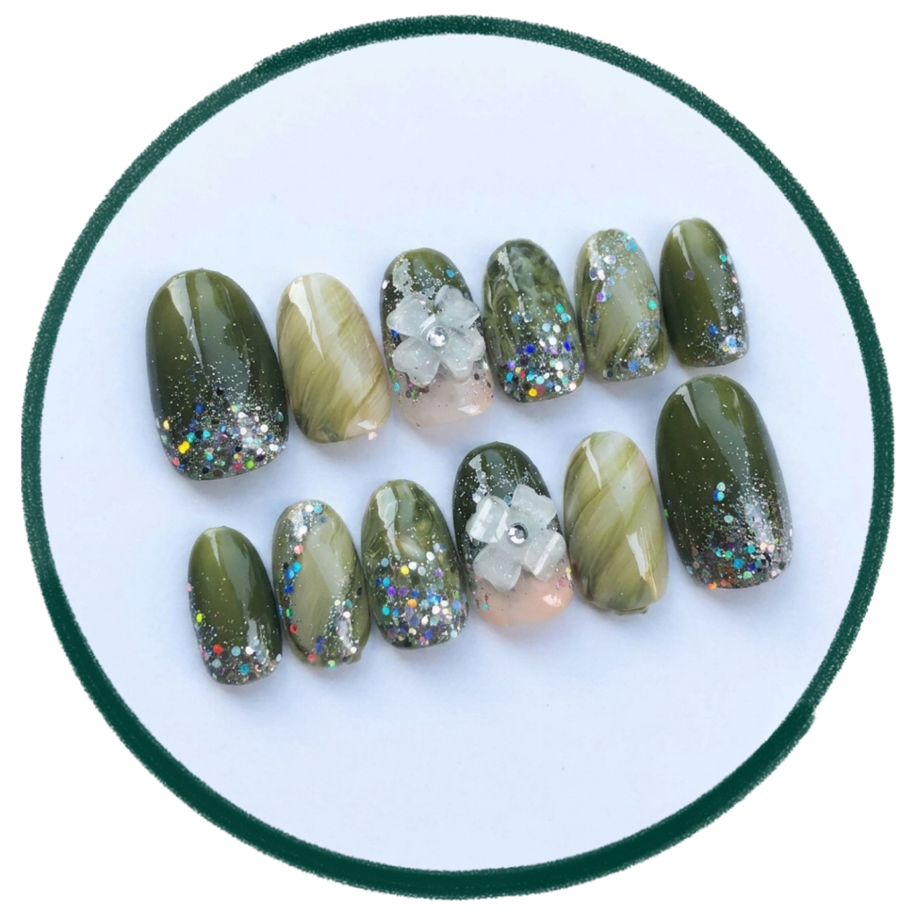 KUKU PALSU ARMY BUNGA /  KUKU PALSU WEDDING / NAIL ART ARMY / NAIL ART HIJAU