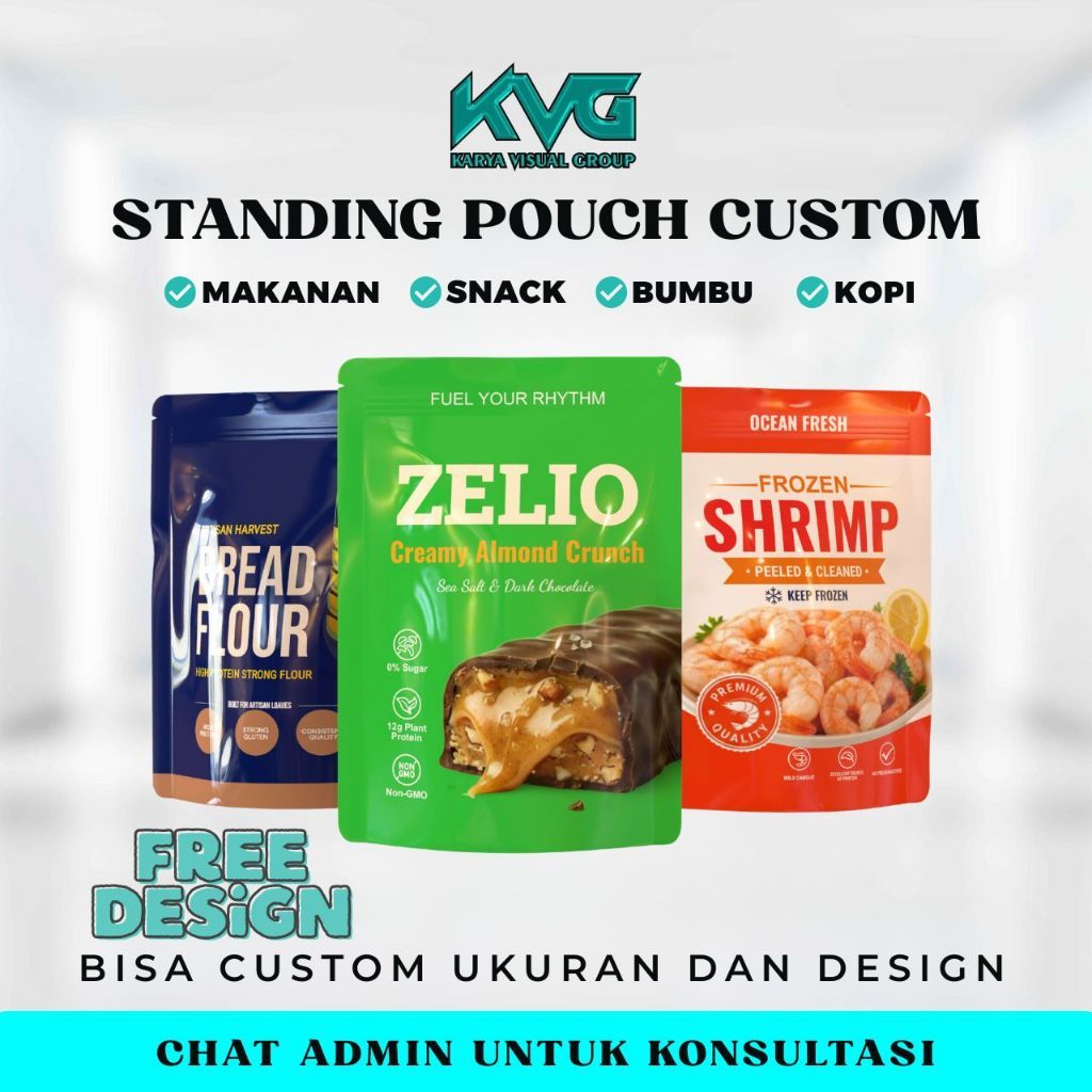 Cetak Kemasan Standing Pouch Custom Makanan Snack Bumbu Kopi Free Design