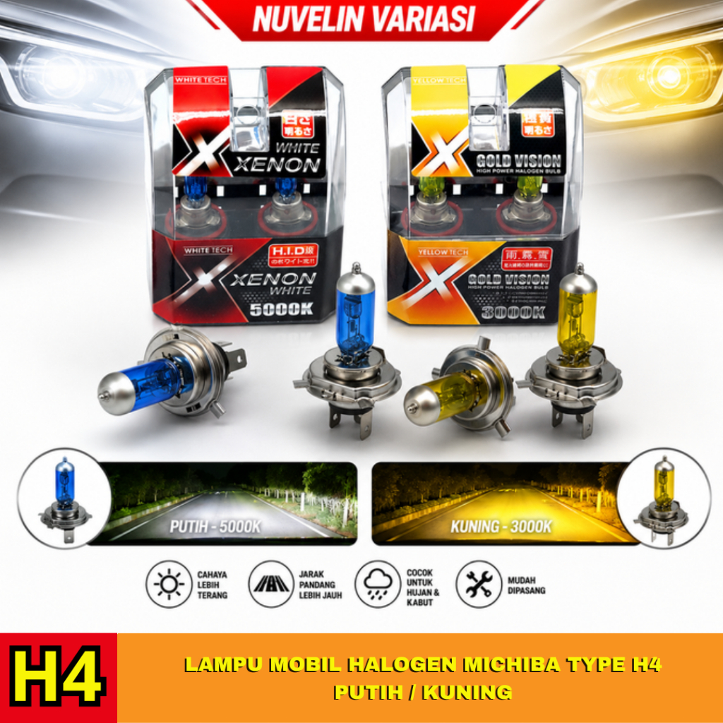 MICHIBA Lampu Mobil Halogen Type H4 Super Terang | PUTIH 5000K | KUNING 3000K