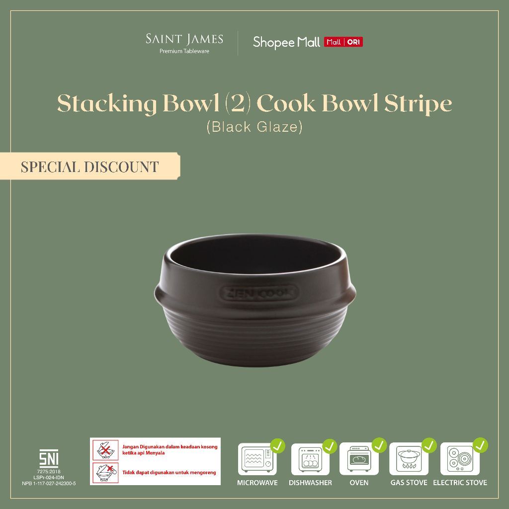 Saint James Stacking Bowl ( 2 ) Cook Bowl Stripe ( Black Glaze )