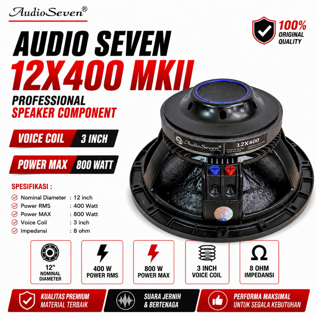 Speaker Komponen 12" Audio Seven 12x400 Voice Coil 3" 800 WATT MAX ORIGINAL