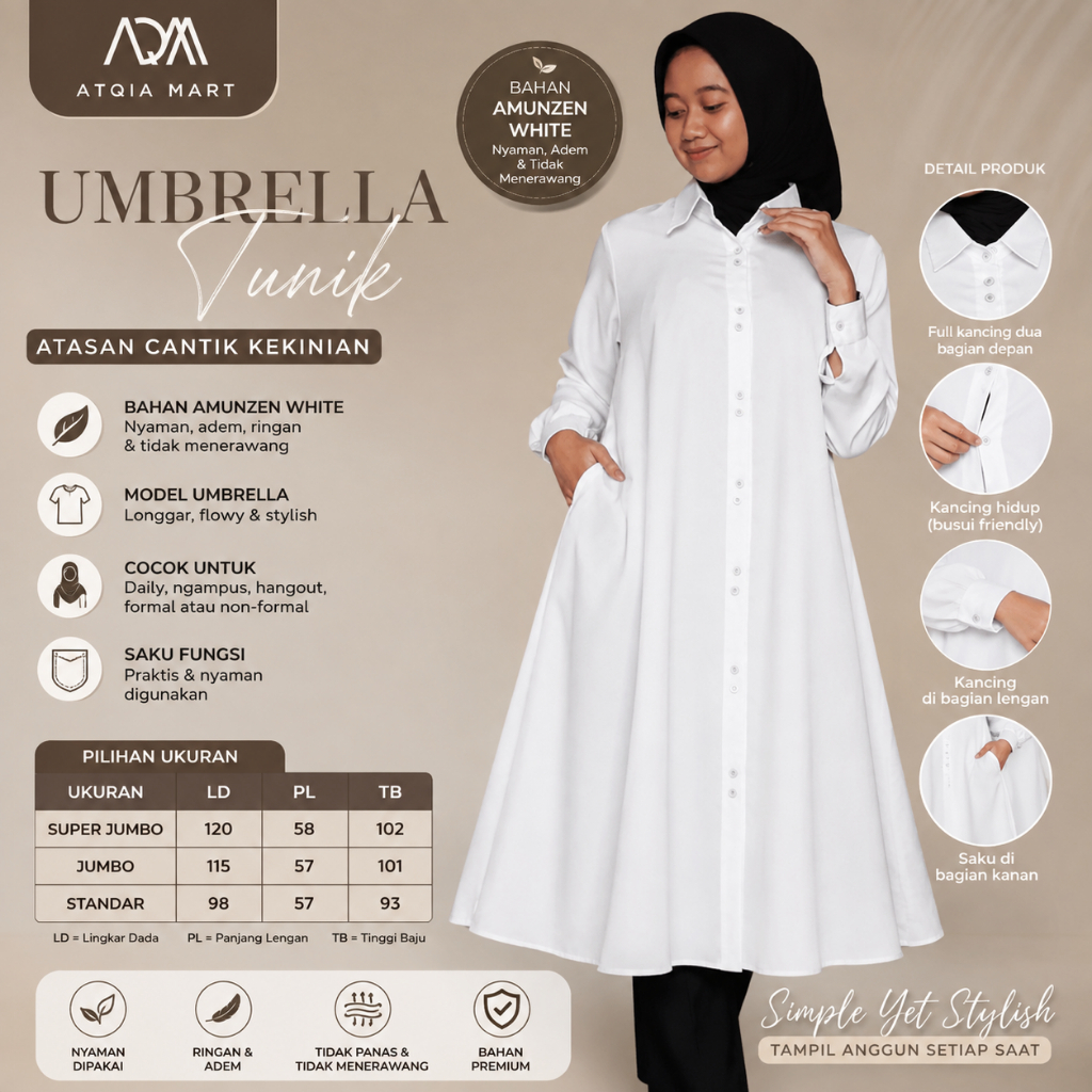 Blouse Tunik Wanita Muslim Jumbo Putih Full Kancing Lengan Panjang Baju Kantor Muslimah