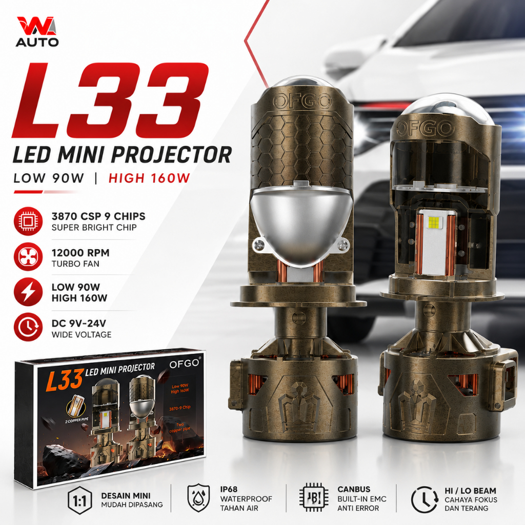 L33 LED Mini Projector H4 Hi Lo Beam 90W 160W 3870 CSP 6000K Super Terang