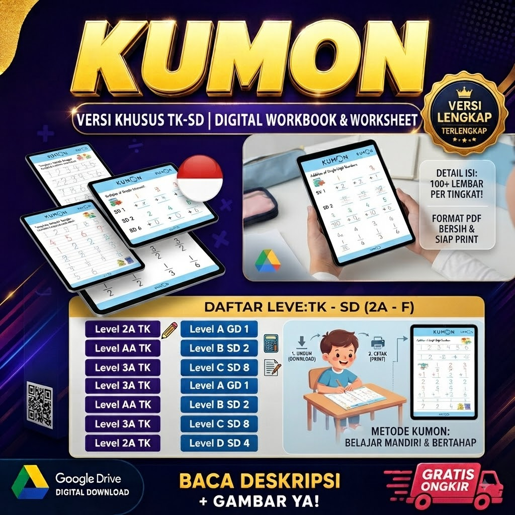 Kumon Matematika Level TK-SD Workbook Digital | Buku Worksheet kumon Math Modul untuk Belajar Anak