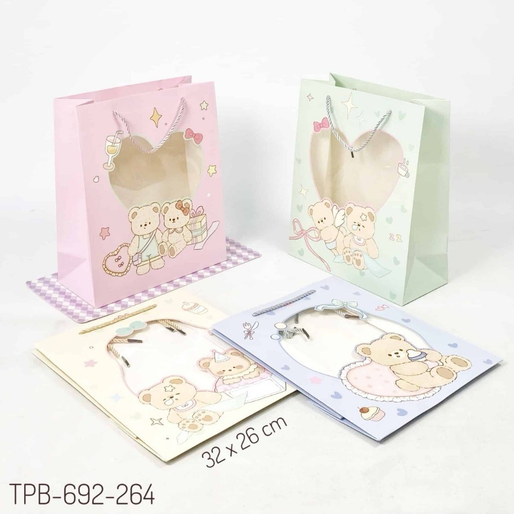 TPB 692-264 - ISI 12 TAS PAPERBAG PORTRAIT LARGE UK 32X26X12CM SEMI TRANSPARAN MTF CUTE BROWN BEAR M