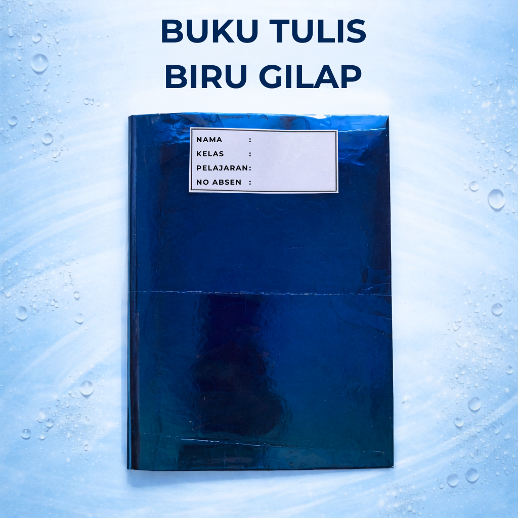 buku tulis bersampul warna biru gilap dan sampul plastik (tinggal pakai)