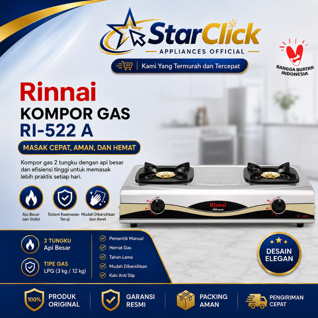 RINNAI KOMPOR GAS RI-522 A / RI 522 A / RI522A [2 Tungku]