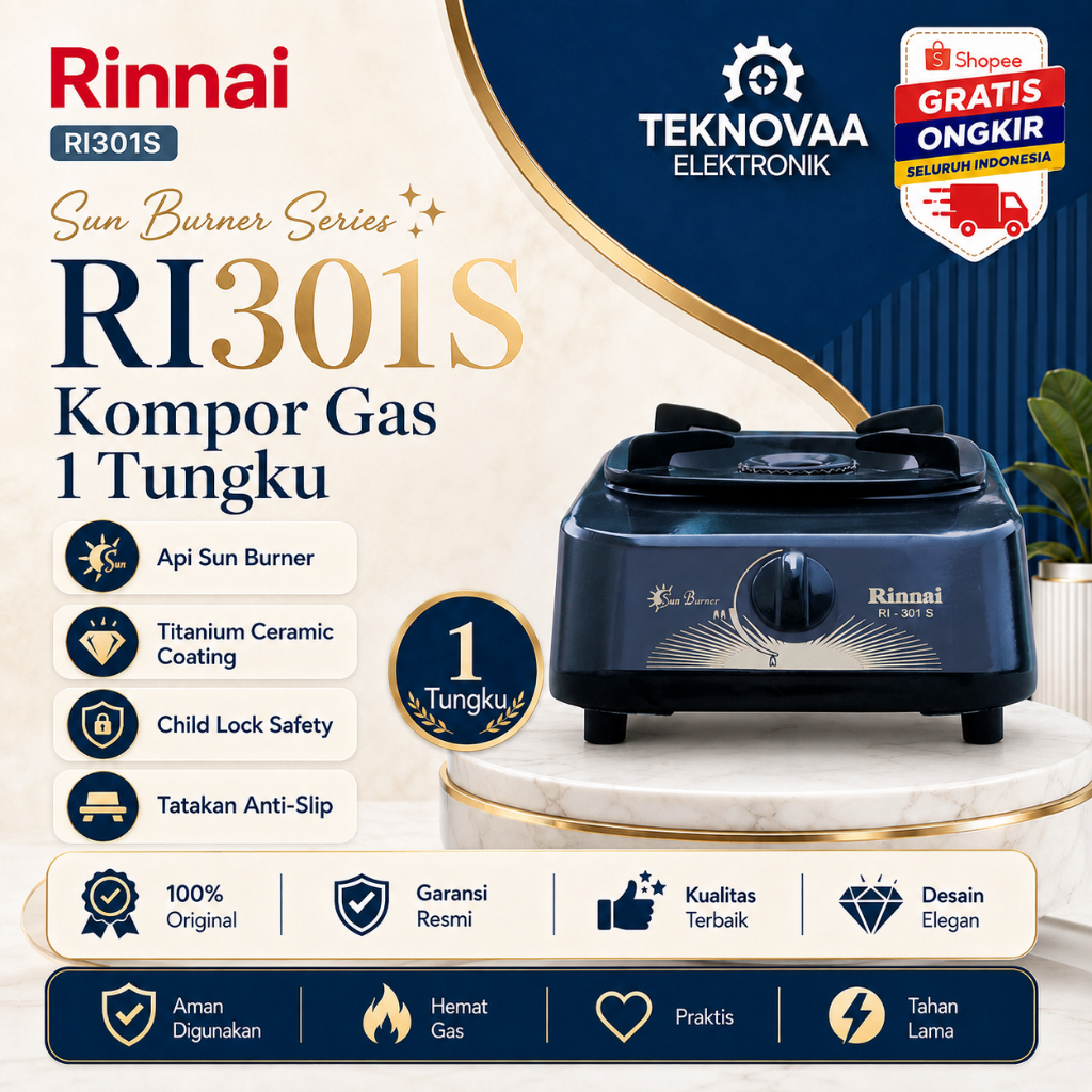 RINNAI KOMPOR GAS 1 TUNGKU RI 301 S KOMPOR RINNAI/RI-301S/RI 301 S/RI301S/ORIGINAL RINNAI/GARANSI