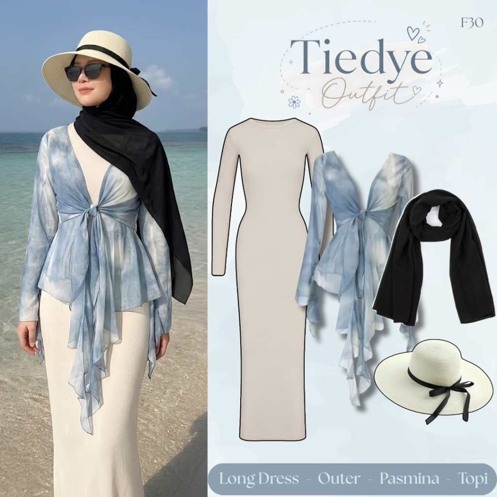 One Set Outfit Wanita ke Pantai 4in1 [ Outer Tiedye  +  Orina Long Dress  +  Pasmina  +  Topi Pantai