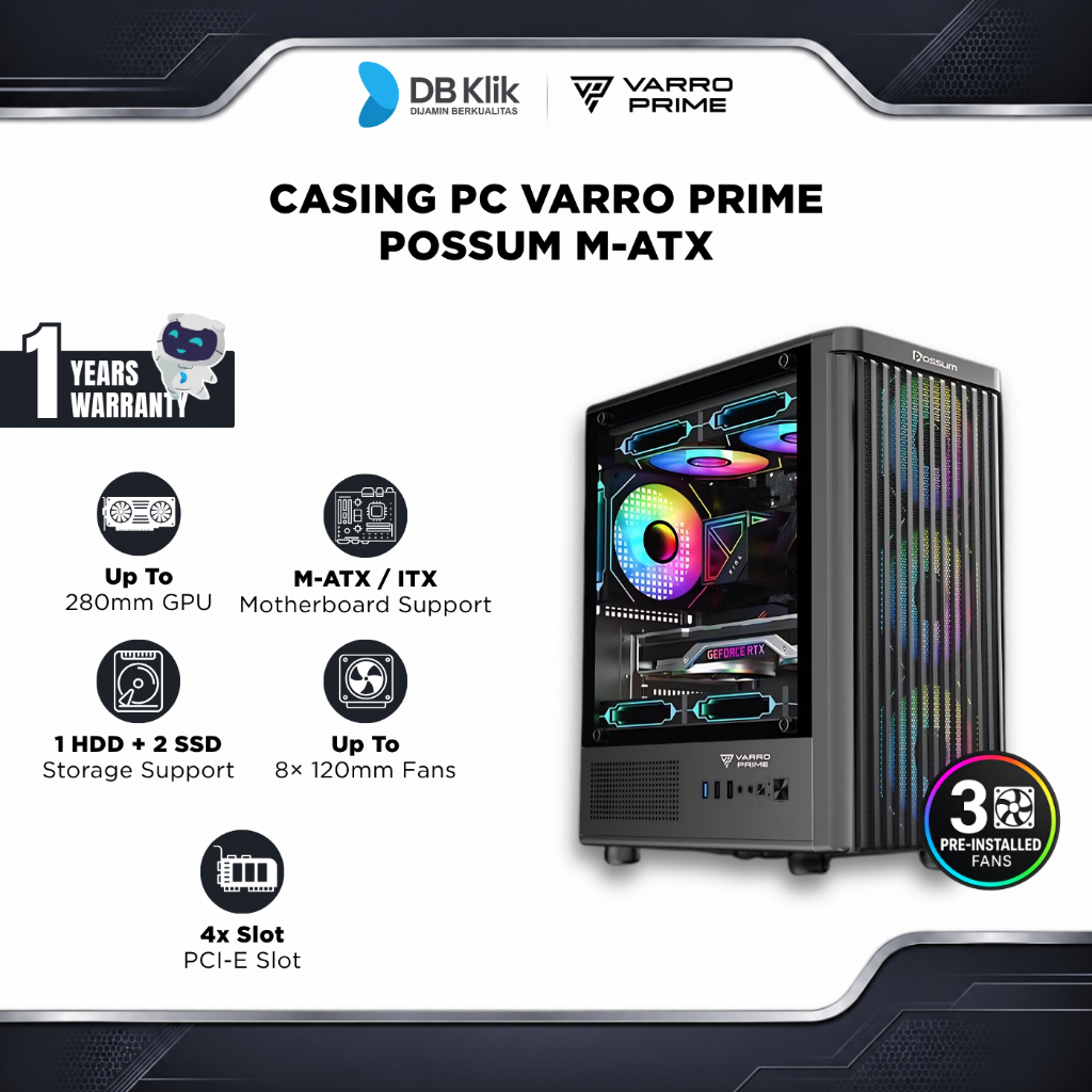 Casing PC VARRO PRIME POSSUM M-ATX (Pre-Installed 3 RGB Fan)