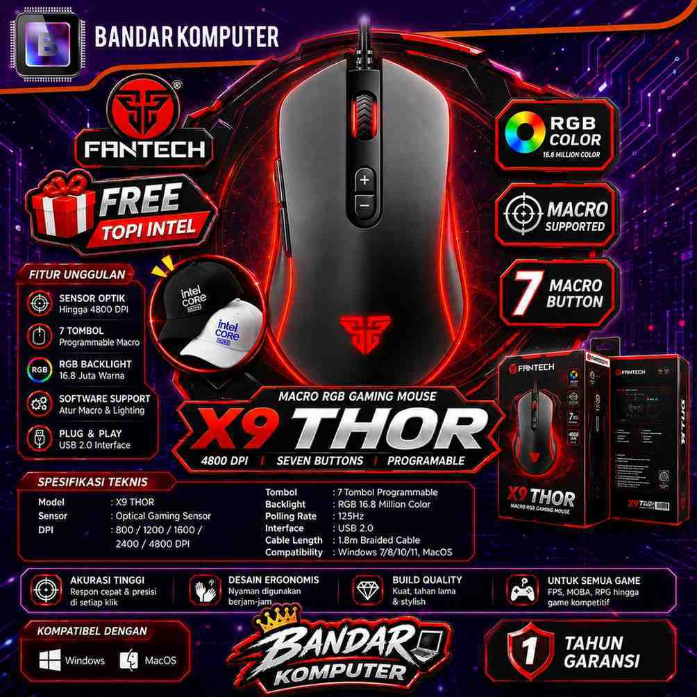 Fantech Gaming Mouse Macro X9 THOR Original RGB 7D Programmable 4800 Dpi PB FREE TOPI
